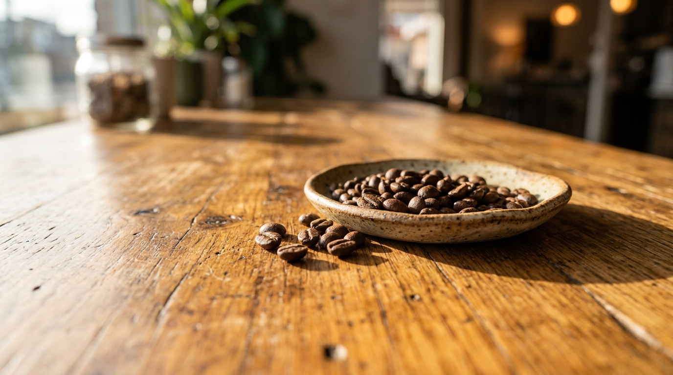 Macro detail of solid reclaimed oak table with ceramic coffee cup