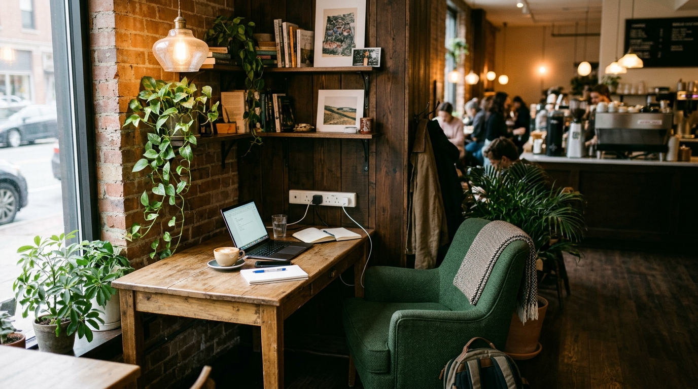 Cafe table by the window with discreet power outlets and wooden seating