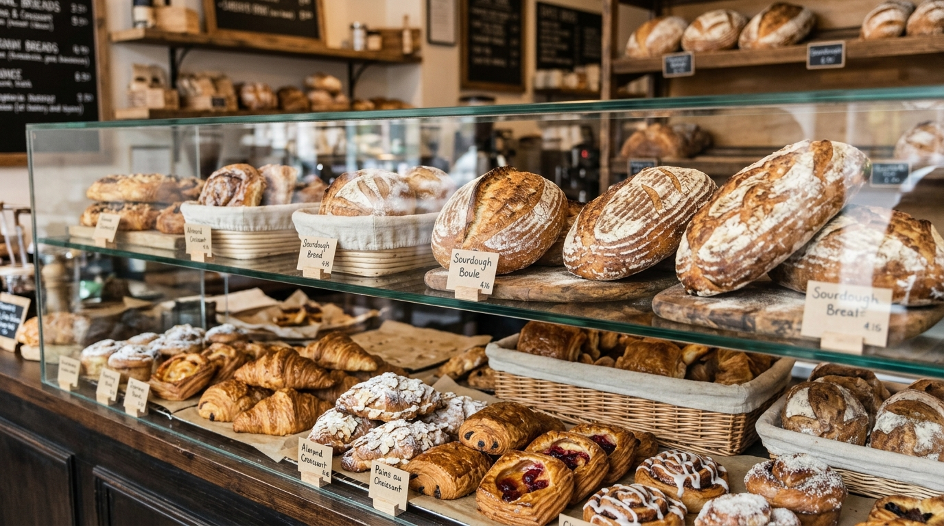 Wood and glass showcase filled with fresh croissants, cookies, and pastries