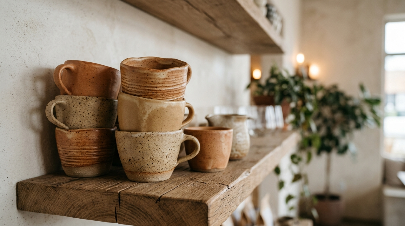 Handcrafted earthenware ceramic coffee cups on open wooden shelving